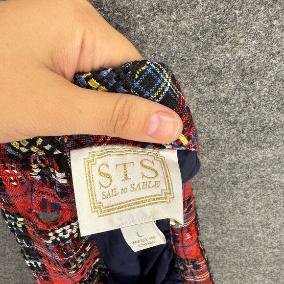 STS Blouse Women L Large Red Plaid Sleeveless Button Round Neck Lined Casual - Picture 5 of 7